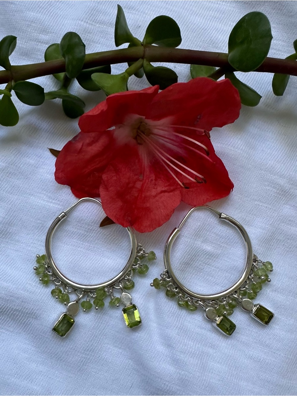Sterling Silver 925 Hoop Earrings with Peridot Green Dangles